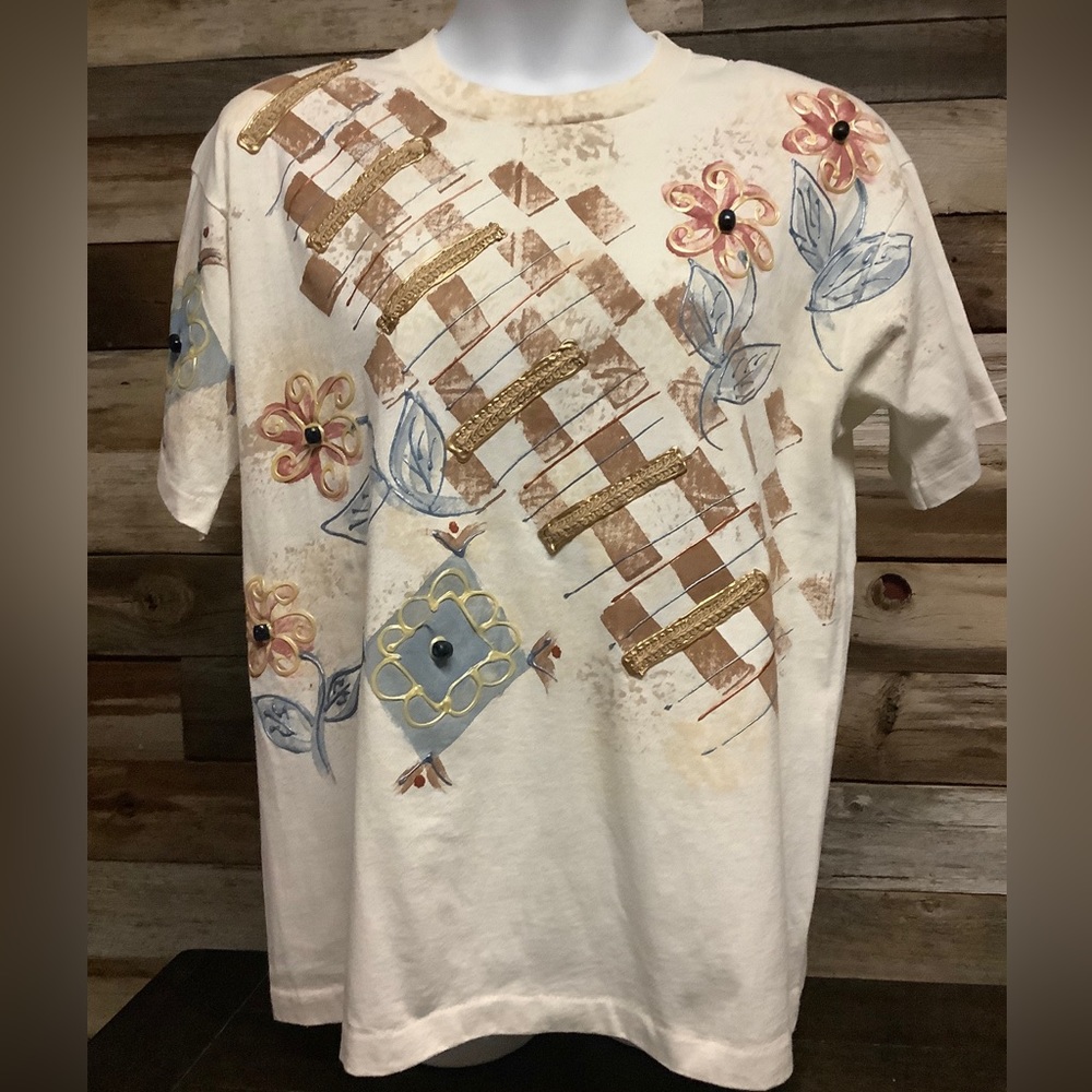 VTG WOMEN T-SHIRT by INDIA INK PAINTWORKS, HAND PAINTED & BEADED, USA